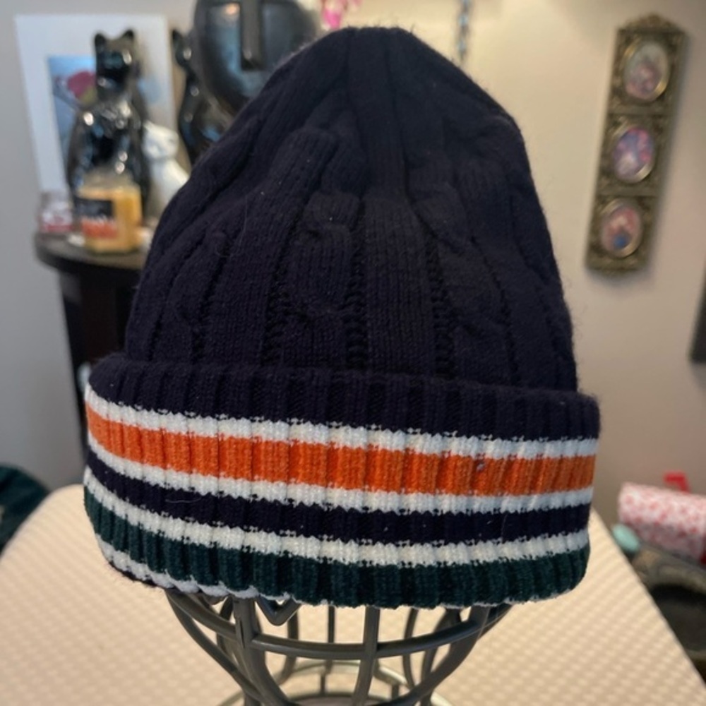 Vintage navy orange green white striped acrylic knitted beanie hat unisex one sz
